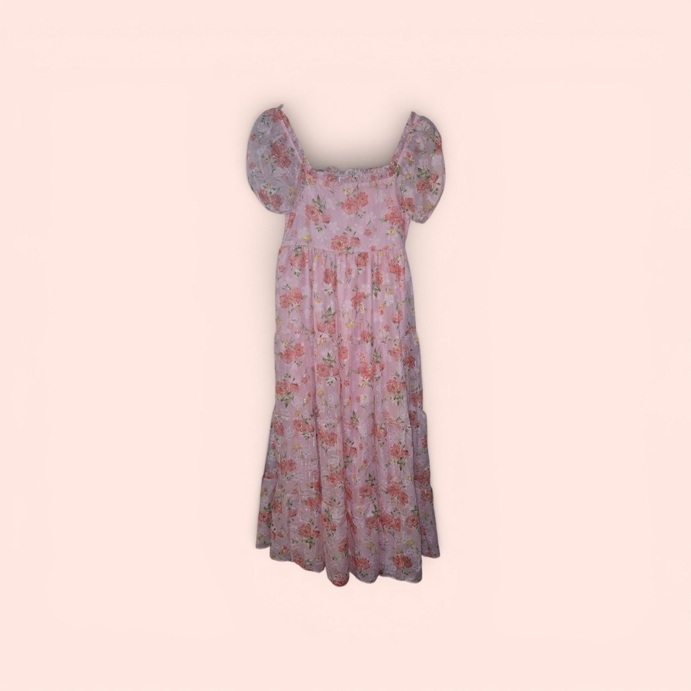 NWT Rare Editions Girls‎ Pink Floral Tiered Maxi Dress Puff Slv Cottagecore Sz L